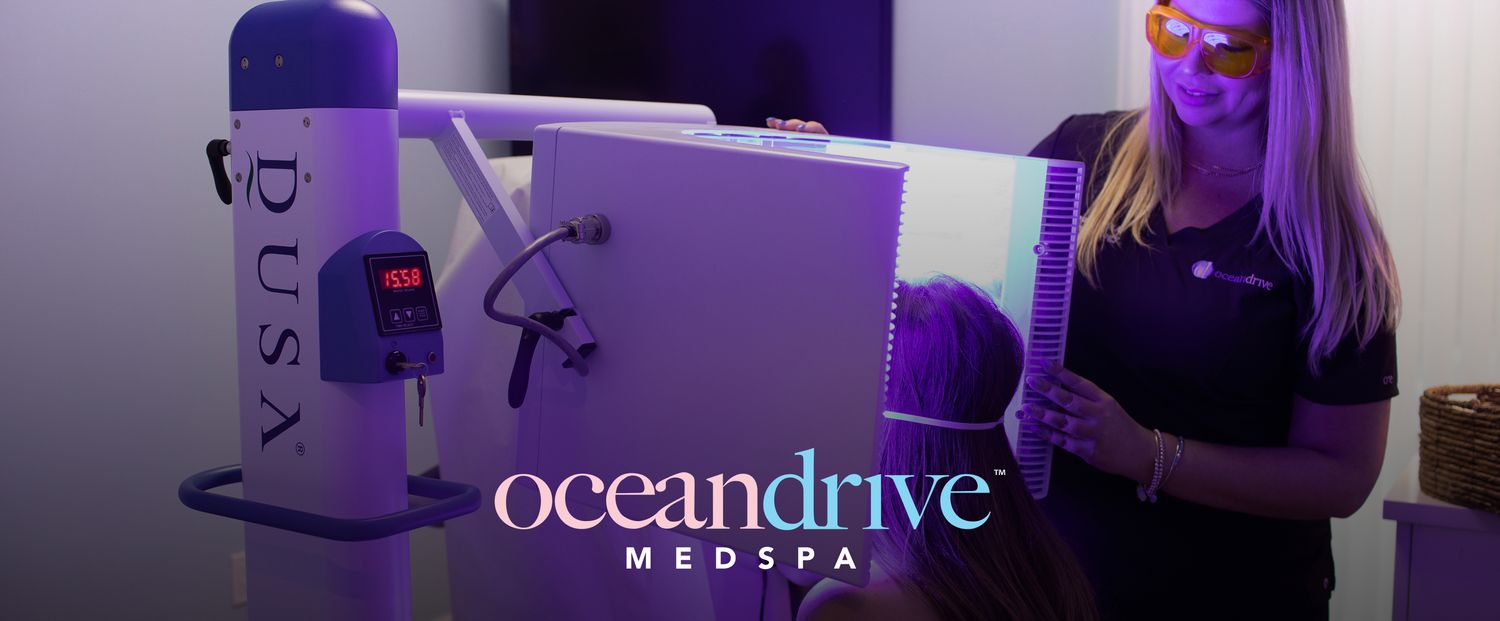 Medspa treatment featuring LED therapy equipment.